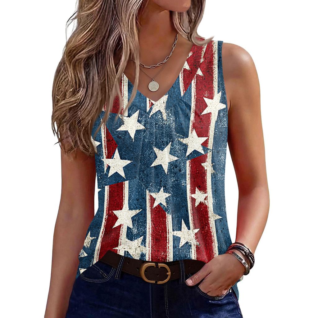 V-Neck Tank Top Women Print Tank Tee Casual Loose Fit Sleeveless Shirt