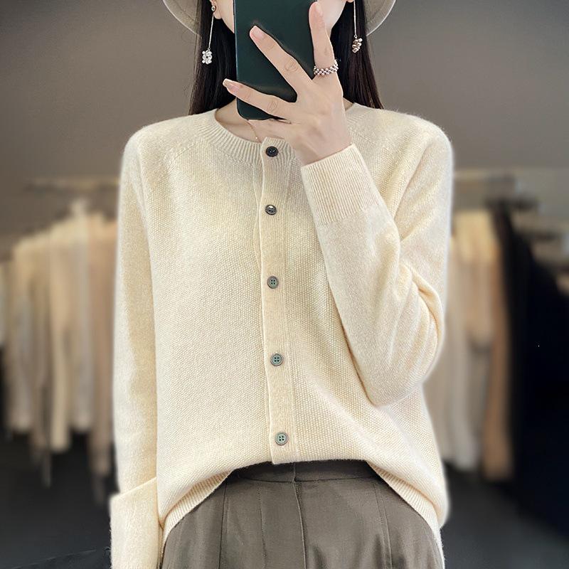 Women's Osmanthus Stitch Wool Cardigan - Round Neck, Loose Fit, Button-Up, Casual Knitwear Outerwear