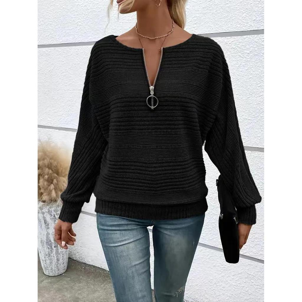 Women's Casual Solid Color Long Sleeve Zip Pullover Top (Autumn/Winter 2025)