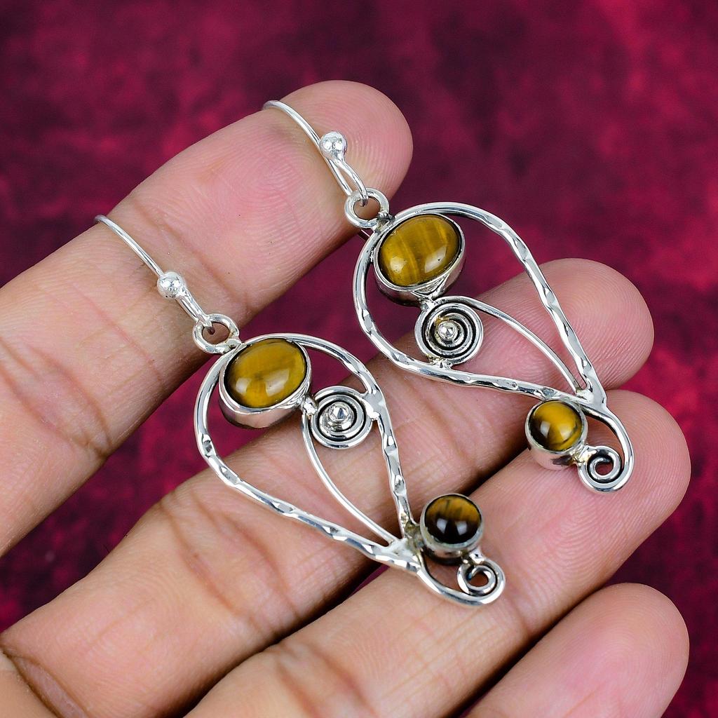 Tiger's Eye 925 Solid Sterling Silver Earrings, Handmade Gemstone Earrings, Gift For Mom Antique Jewelry