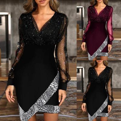 Festliches Kleid Einfarbig Pailletten Frühling Herbst Netzgarn Durchsichtiges Kleid