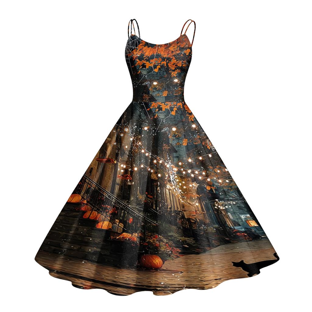 Women's Casual Halloween Print Round Neck Sleeveless Dress for Holiday Party