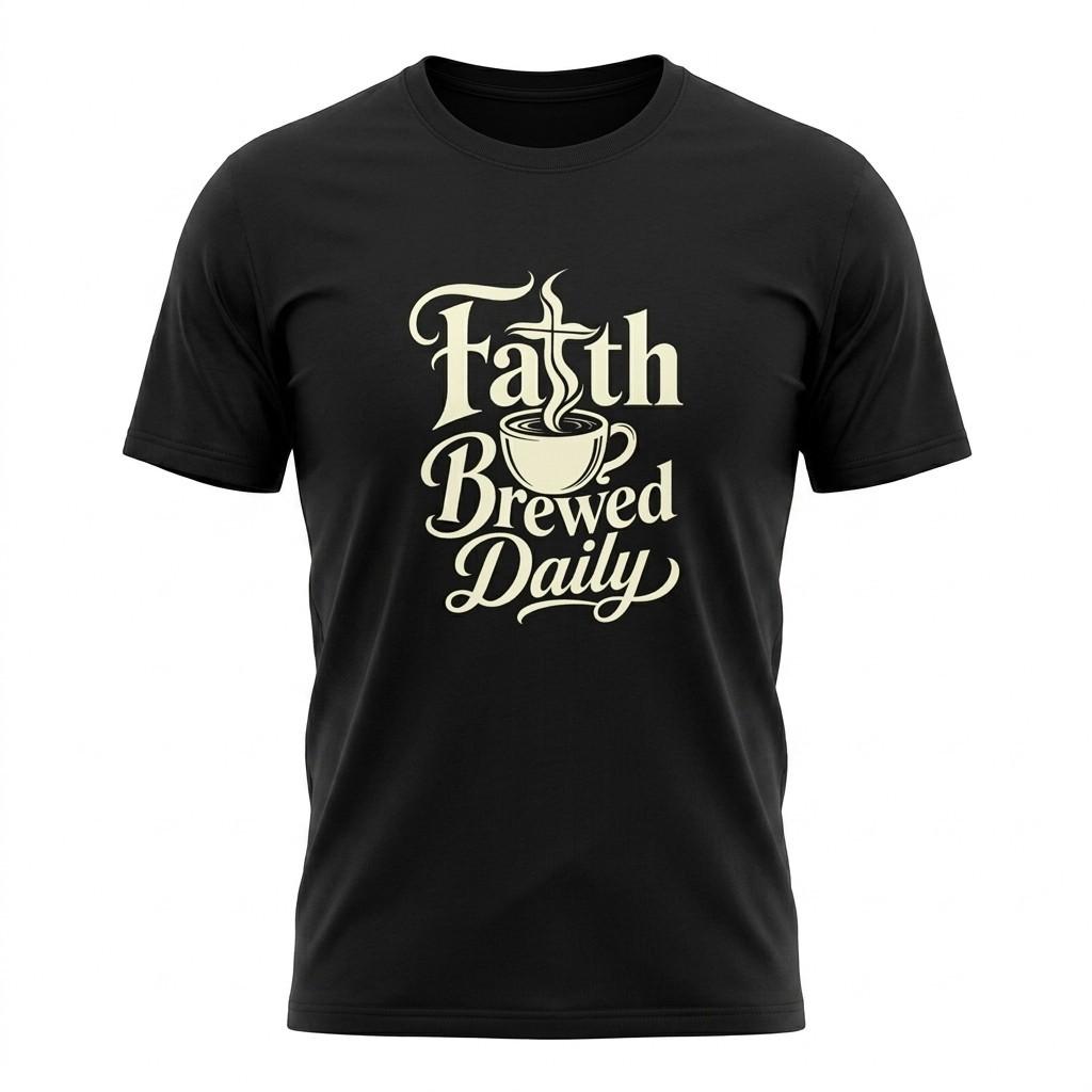 Faith Brewed Daily Christian Coffee Mug Black T-Shirt Religious Faith Tee