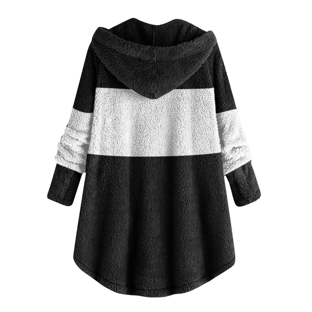 Women's Fashionable Patchwork Loose Hooded Plush Button Long Sleeved Loose Warm Jacket
