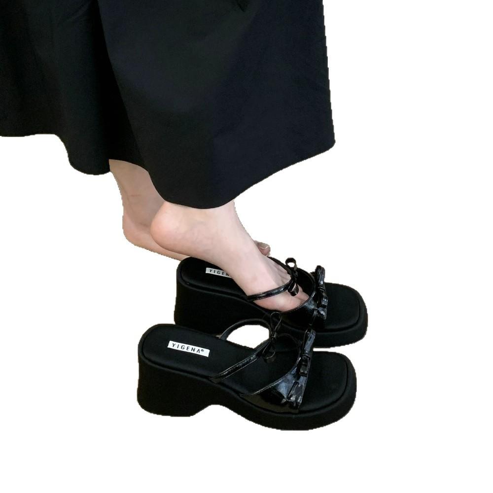 Wedge heel heightened silver bow open-toed cool slippers outer wear women's shoes 2025 new summer thick-soled versatile sandals