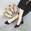 Women's Pointed Toe Chunky Heeled Single Shoes Shallow Mouth Suede Medium Heeled Work Shoes