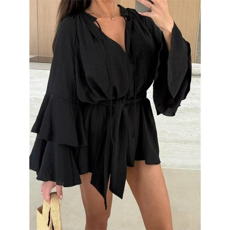 

V Neck Irregular Dress Women s Ruffled Sleeve Summer Dress With Tie Elegant For European And American Style 4XL чорний