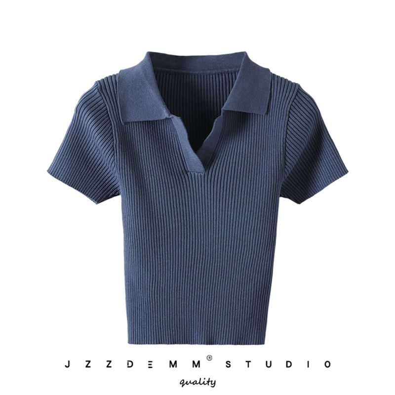 

Pure Color T-Shirt Summer Silm Tops Knitting Short Sleeve Blue All yards