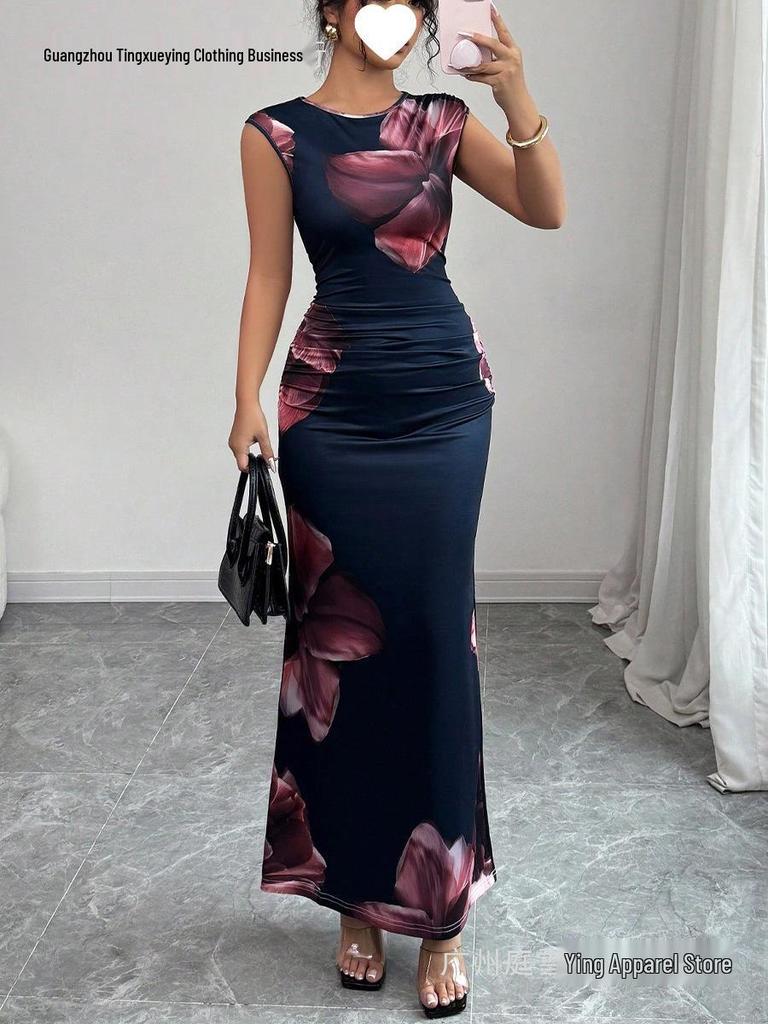 European & American Sleek Sleeveless Printed Bodycon Sheath Dress