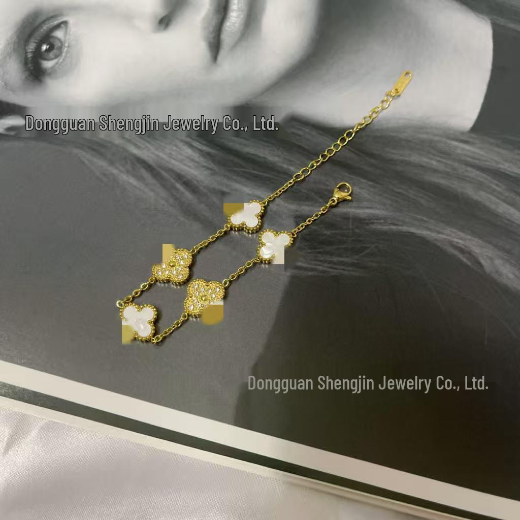 18k Gold 13mm Clover & Diamond Five-Flower Bracelet - Women's Simple, Versatile, Non-Fading Fashion Accessory