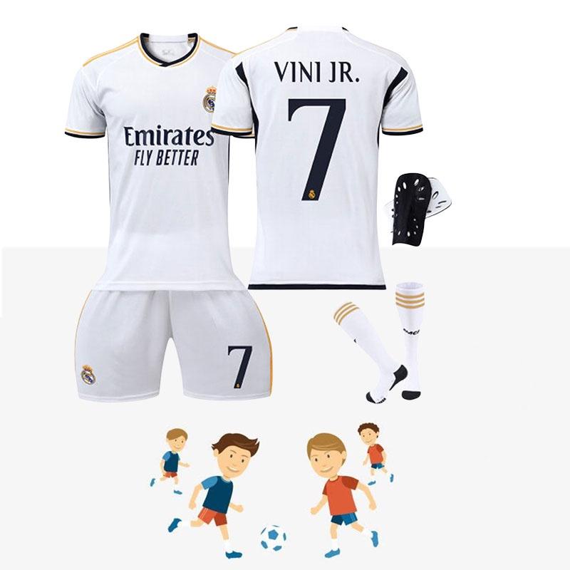 Real Madryt Domowy 7 Vini.jr Zestaw Koszulki Piłkarskiej Dla Dzieci i Dorosłych Tkanina Poliestrowa Koszulka Spodnie Skarpety i Sprzęt Ochronny w Zestawie