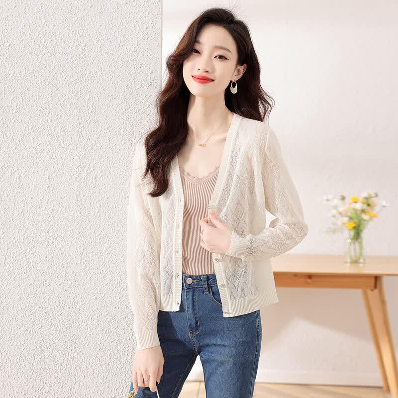 Sanpowa Women s Elegant Hollow-Out Knit Cardigan L