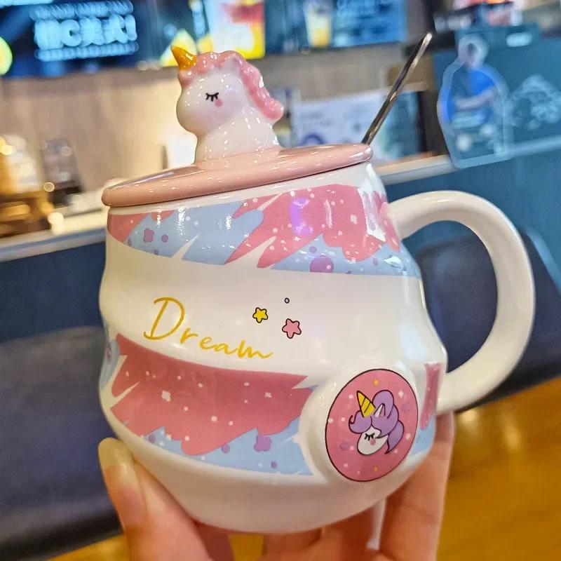 Creative Unicorn Ceramic Mug,Cartoon Covered Spoon Coffee Mugs,Cute Couple Water Cup, Breakfast Milk Cups, Birthday Gift Tea Cup
