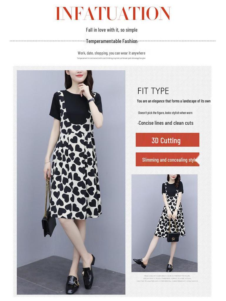 2023 Summer Women's Love Splicing Short-sleeve Dress with Suspender Skirt