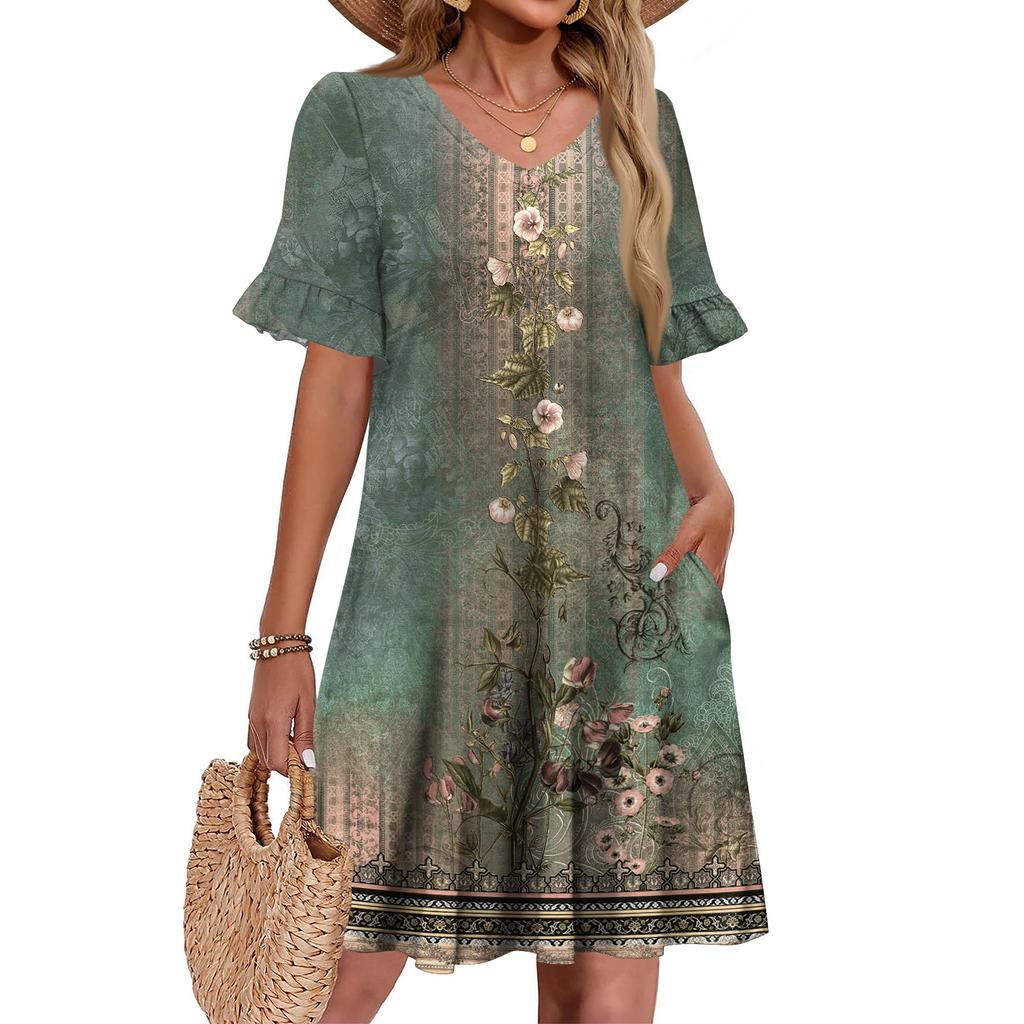 Damen A-Linie Sommerkleid Kurzarm V-Ausschnitt Bedrucktes Kleid Mit Taschen