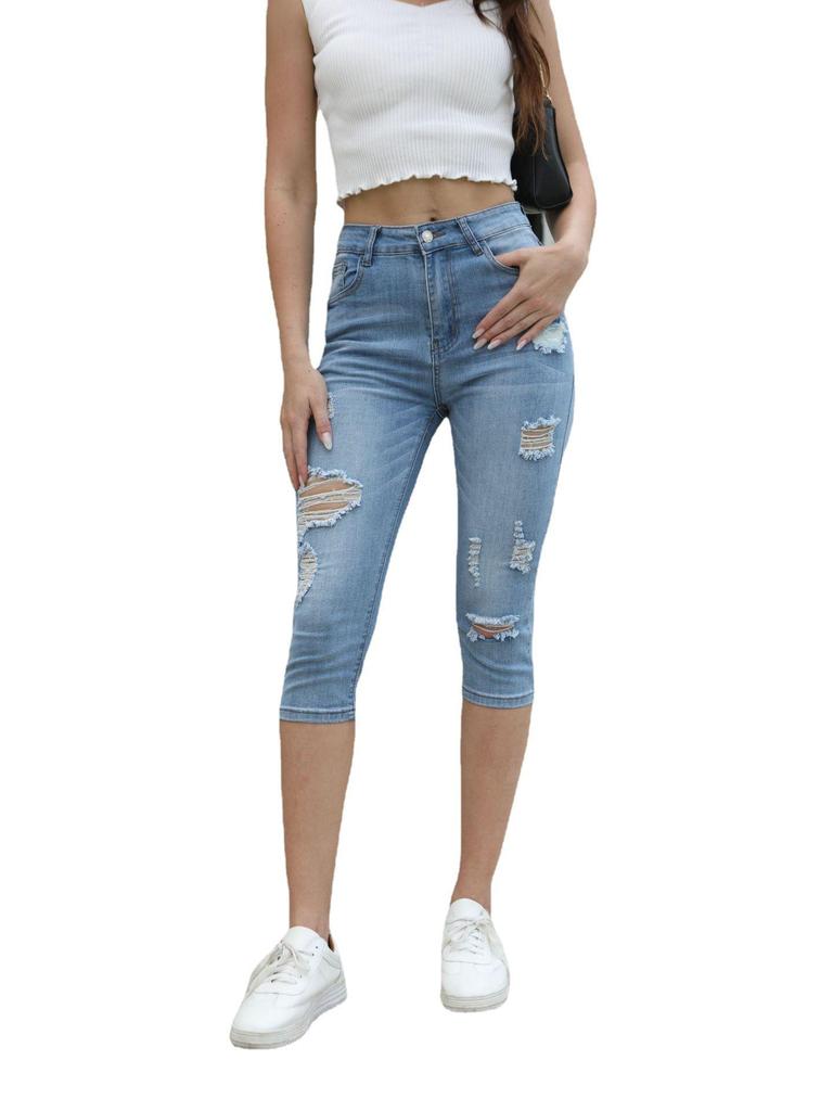 Women's Light-Colored Elastic Capri Ripped Jeans - Popular in Southeast Asia