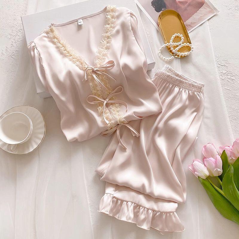 2025 Spring/Autumn Women's French Ice Silk Lace Pajama Set - Sweet Home Wear