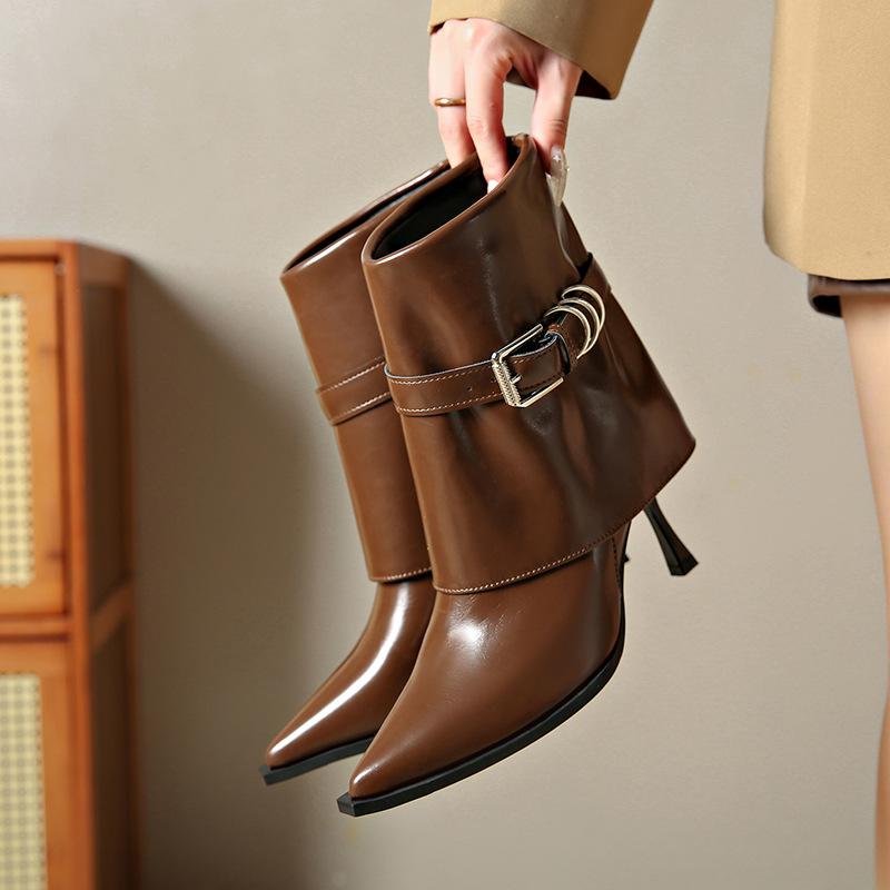 Trend metal buckle pointed heel fashion boots 0000 autumn and winter new short boots large size high heel trousers boots women
