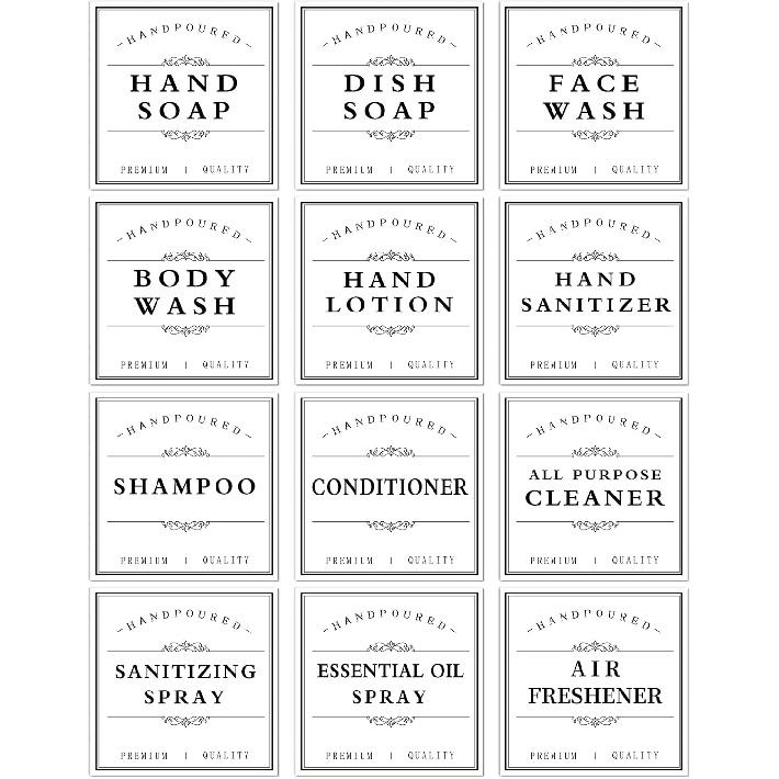 White Waterproof Soap Labels for Plastic/Glass Bottles, Bathroom/Kitchen Hand Soap Dispenser Label Stickers, Removable Cleaning Bottle Labels for