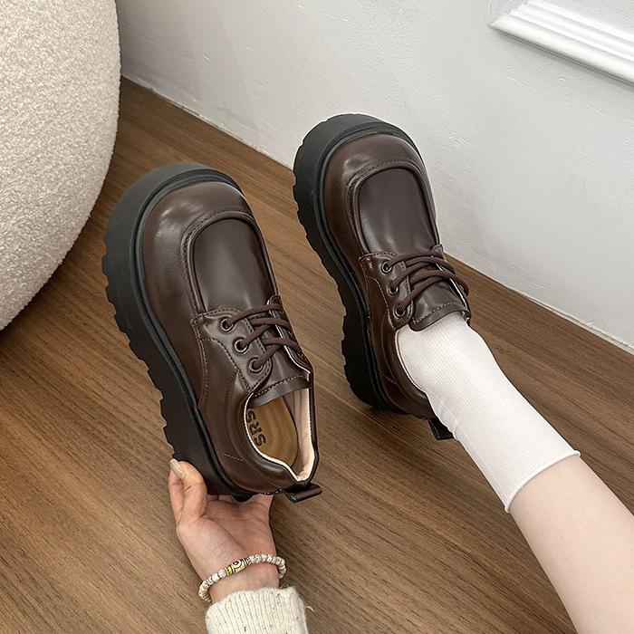Korean Version of Retro British Style Muffin Platform Small Leather Shoes Women's 2025 Autumn New Versatile Skirt Lace-up Single Shoes