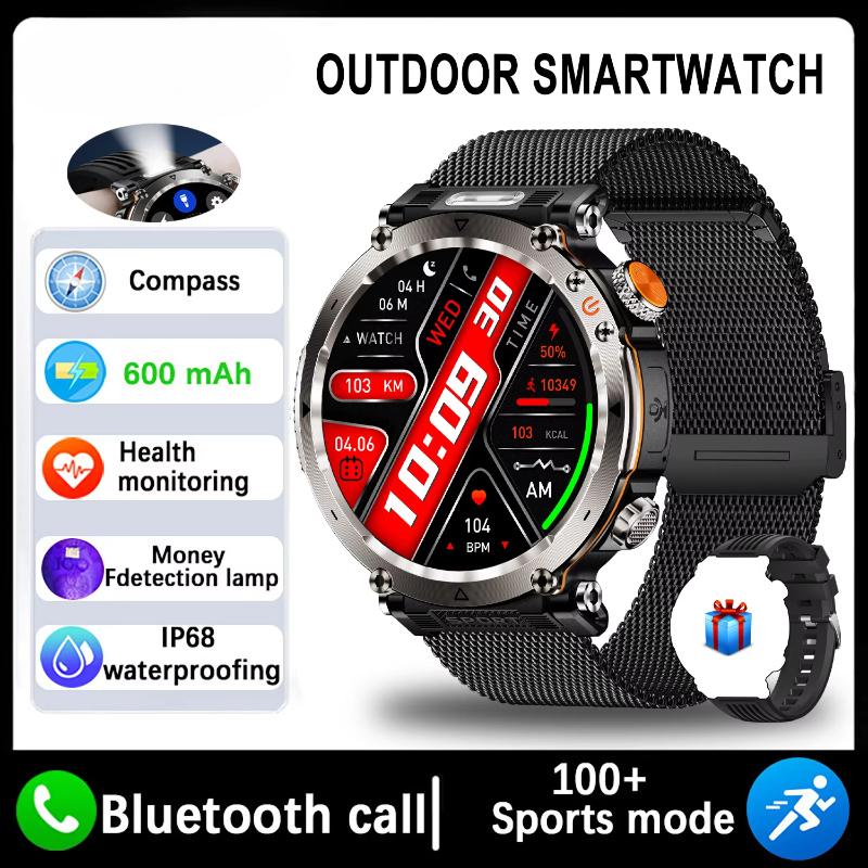 New 5ATM Waterproof Smart Watch Men 600mAh Outdoor SmartWatch GPS Compass Heart Rate LED Flashlight Bluetooth Call Sports Smartwatch