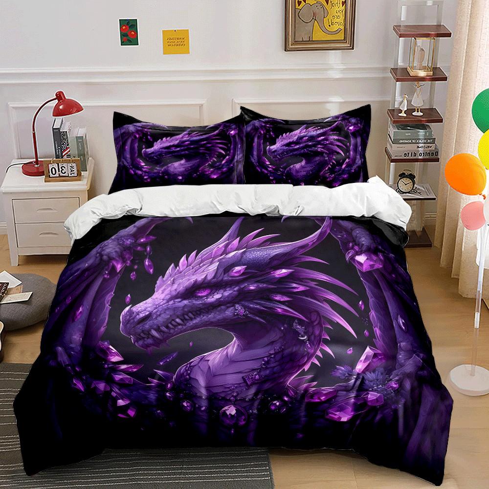 "Majestic Purple Dragon Fantasy Decor" Exquisite three-piece bedding set gift for kids and adults