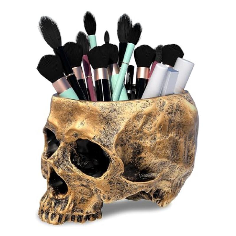 Dark Tone Resin Skull Flower Vessel Ideal For Dramatic Interior Styling And Work Space Touches