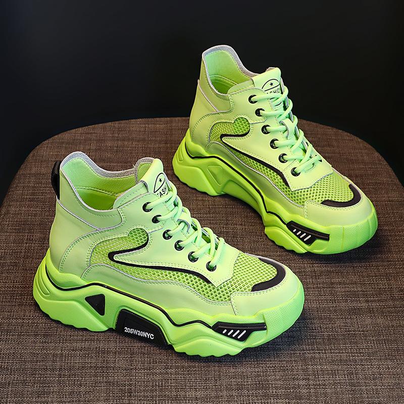2026 summer thickness increase breathable mesh leather ins high-top casual dad shoes women hollow mesh