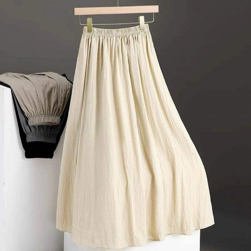 Women's Summer Solid Color Elastic High-Waisted A-Line Pleated Half Skirt Ladies Premium Elegant Casual Long Skirt