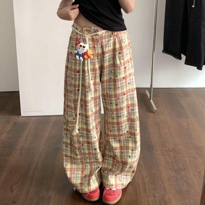 

(with doll) Summer contrasting color plaid splicing trousers casual versatile American retro scimitar trousers casual trousers S жёлтый