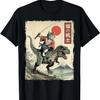 Divertente Gatto Samurai a Cavallo di un T-Rex Stile Ukiyo-E Maglietta Grafica Streetwear Tee