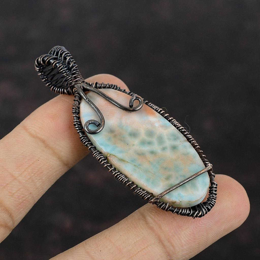 Tree Of Life Larimar Gemstone Pendant Copper Wire Wrapped Jewelry Unique Copper Design Jewelry Handmade Dainty Pendant Gift For Her & Mother