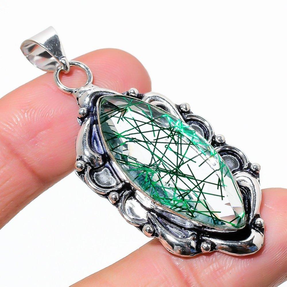Green Rutile Gemstone Handmade 925 Sterling Silver Jewelry Pendant 2.21" s5O82