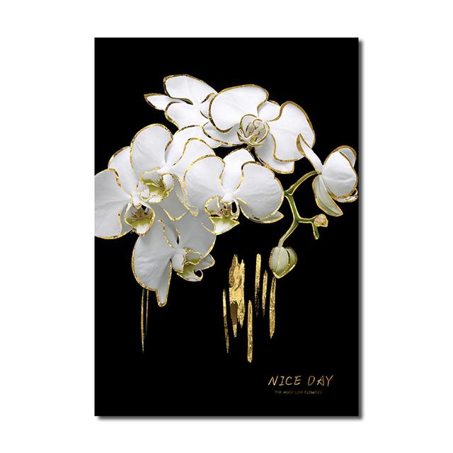 Luxury Plants White Flowers Wall Art Painting Picture Golden Art Canvas Poster Prints Nordic Flowers Art for Living Room Decor