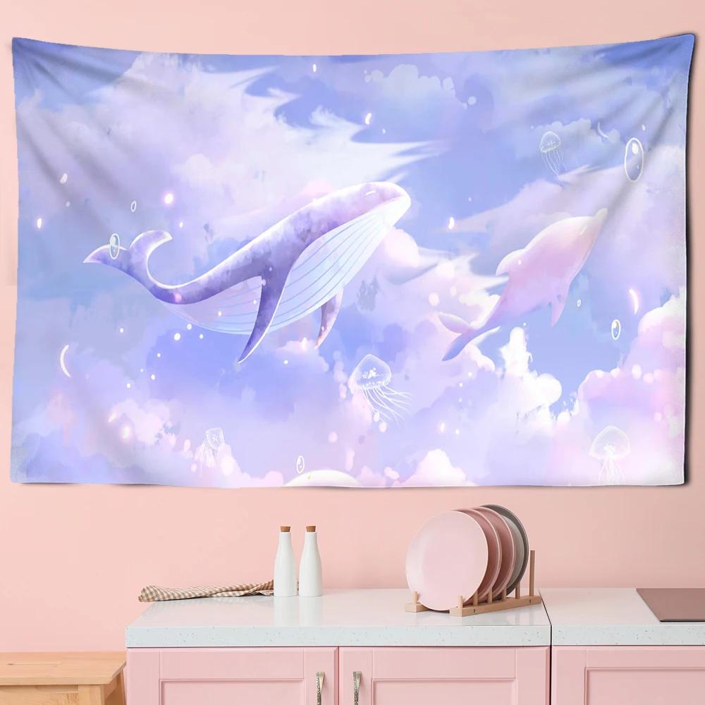 Tapestry Aesthetics Cartoon  Sky Dolphin  Pink Purple Cloud  Bedroom Wall Home Decoration
