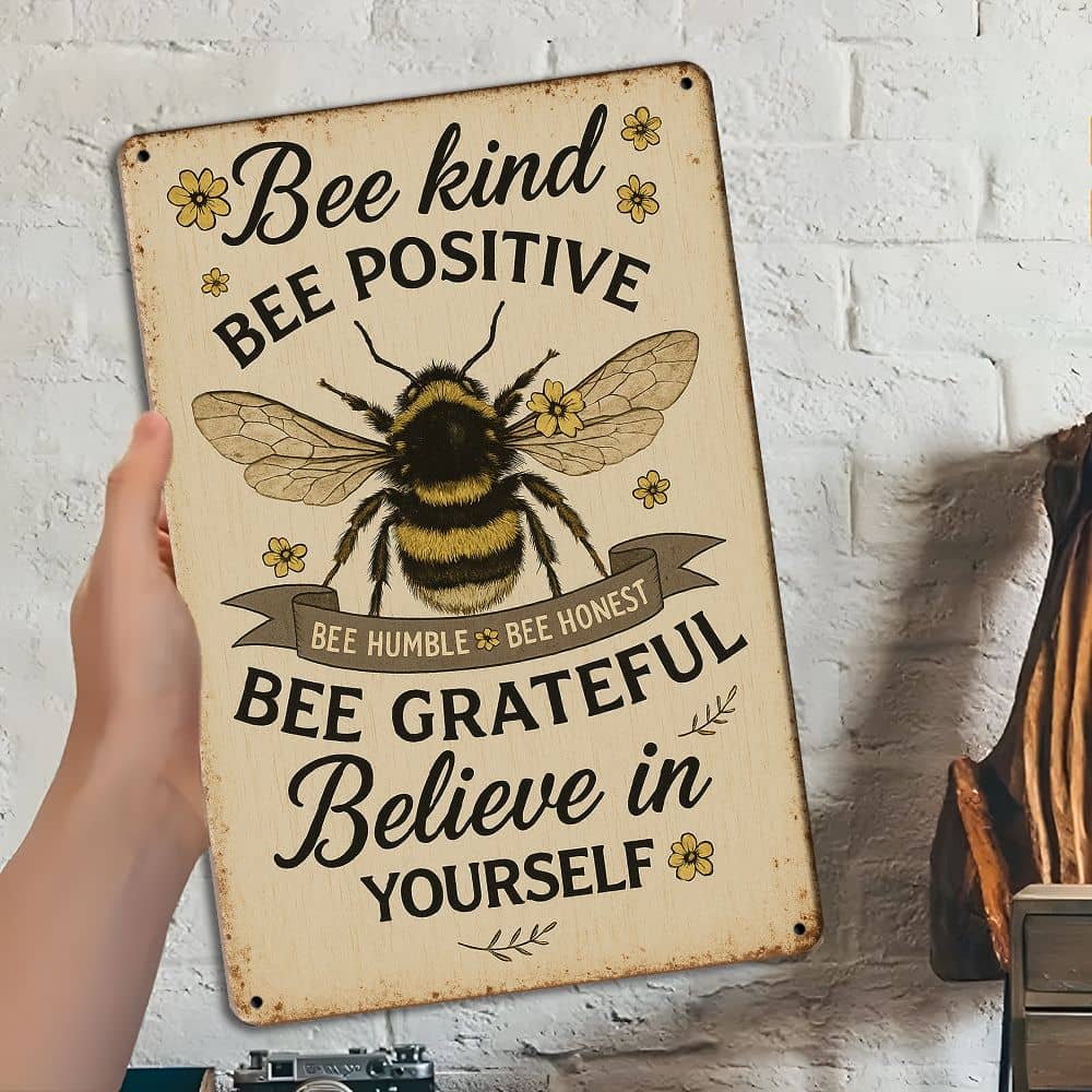 Bee Kind Metal Sign 8x12" - Vintage Inspirational Wall Art with Bee & Floral Design for Home Decor