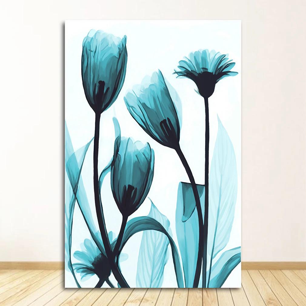 Nordic Canvas Painting Flowers Poster Blue Floral Wall Art Print for Vintage Living Room Decorative Wall Pictures