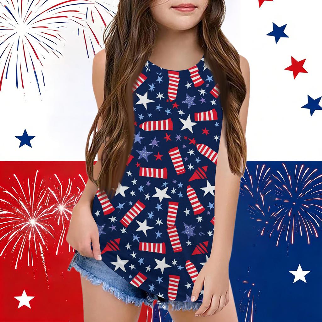 Girls  Kids Summer Crewneck Sleeveless Shirts Tank Tops Independence Day