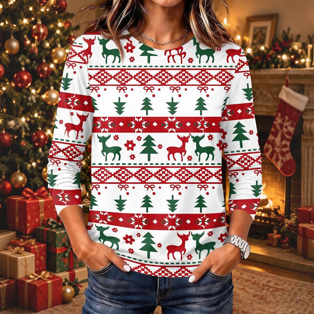 Women's Christmas Print Long Sleeve Neck Pullover Top