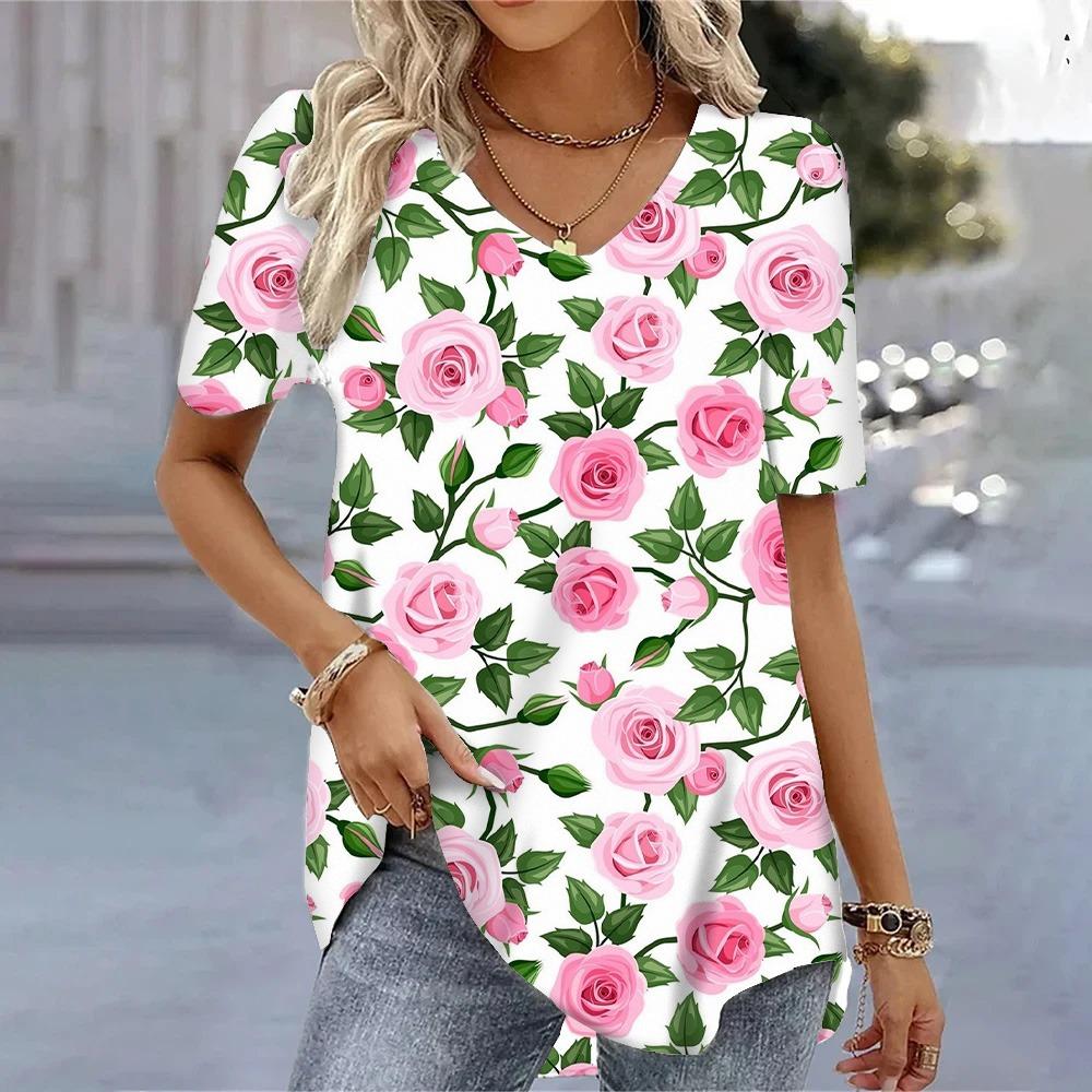 Damen T-Shirts mit 3D-Böhmen-Aufdruck und V-Ausschnitt, kurzärmelig, modisch, Hawaii-Stil, Bluse, Tops, Tees, Sommerkleidung, heißer Verkauf