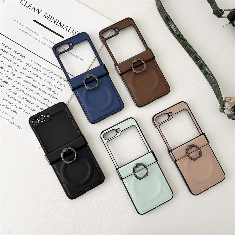 Magnetic Wireless Charging Leather Phone Case for Samsung Galaxy Z Flip 7 6 5 4 3 Flip6 Flip5 Flip4 Ring Hinge Protective Cover