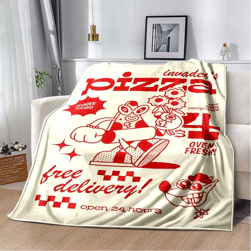 Vintage Cartoon Pizza Character Flannel Blanket Red Checkered Border Soft Fleece Throw For Food Lover Bedroom Sofa Home Decor