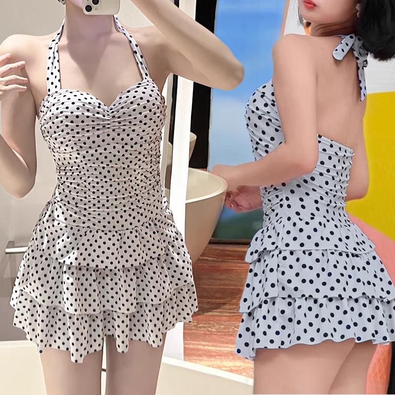 Costum de baie 2024 cu buline, cu push-up, pentru fete, Subțiază & Flatează, Suport pentru bust mare, Design conservator & Chic