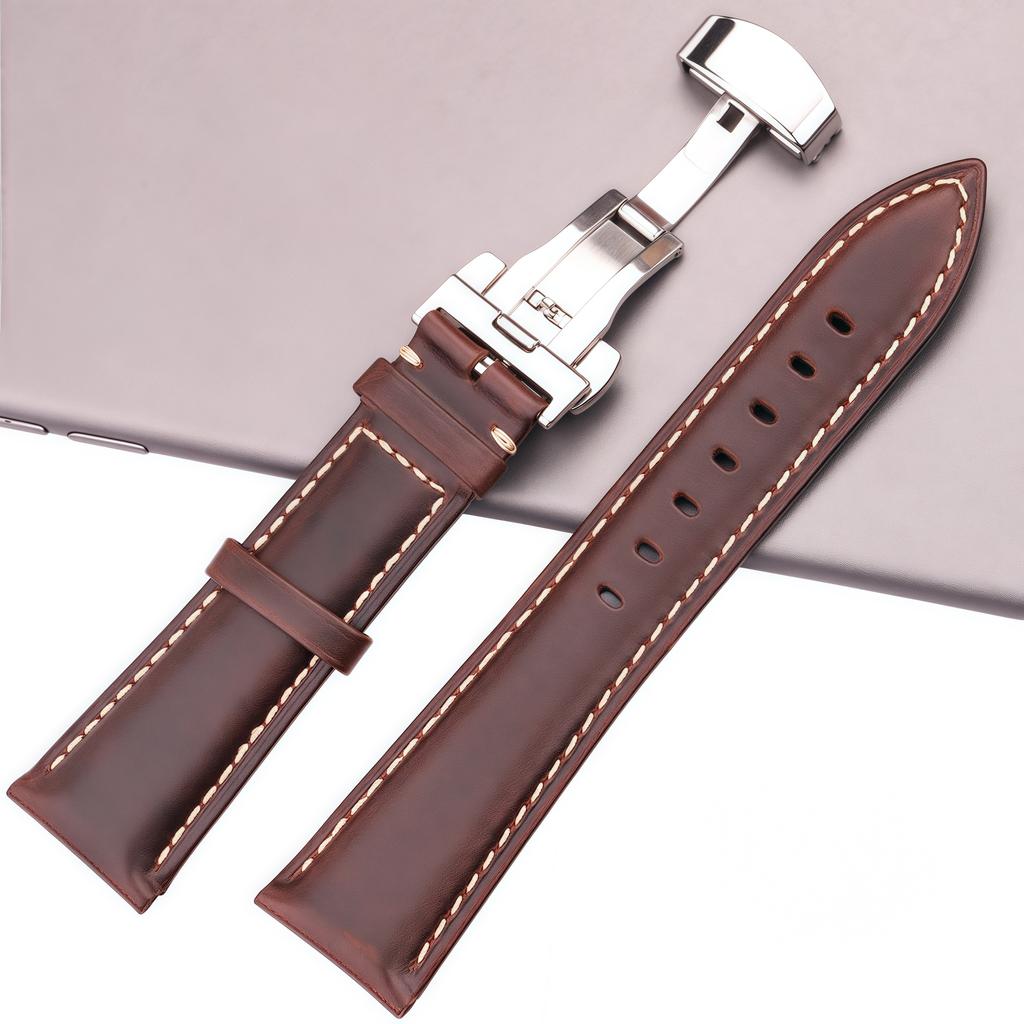 Quick Release Crazy Horse Oil Wax Leather Watch Band Vintage Cowhide Strap Butterfly Deployment Buckle 18mm 20mm 22mm 24mm