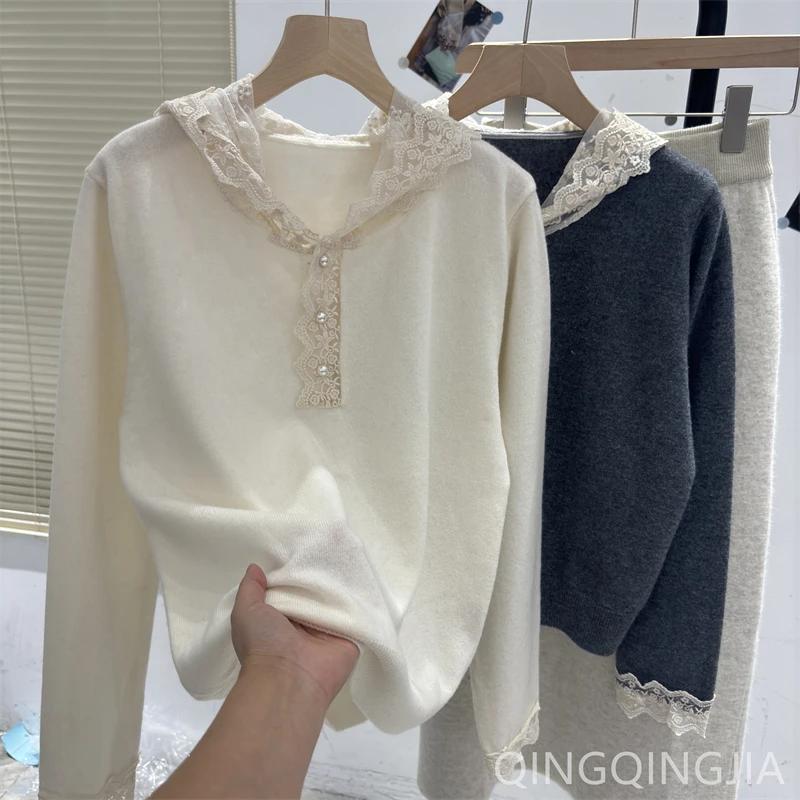 Módní krajkový svetr s kapucí v zahraničním stylu Podzimní nový temperament Vrstvené všestranné topy pro ženy