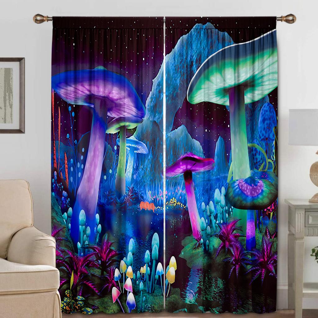 2PC Home Decoration Curtains With Cartoon Mushroom Scenes And Rod Pocket Curtains, Suitable for Kitchens, Cafes, Living Rooms