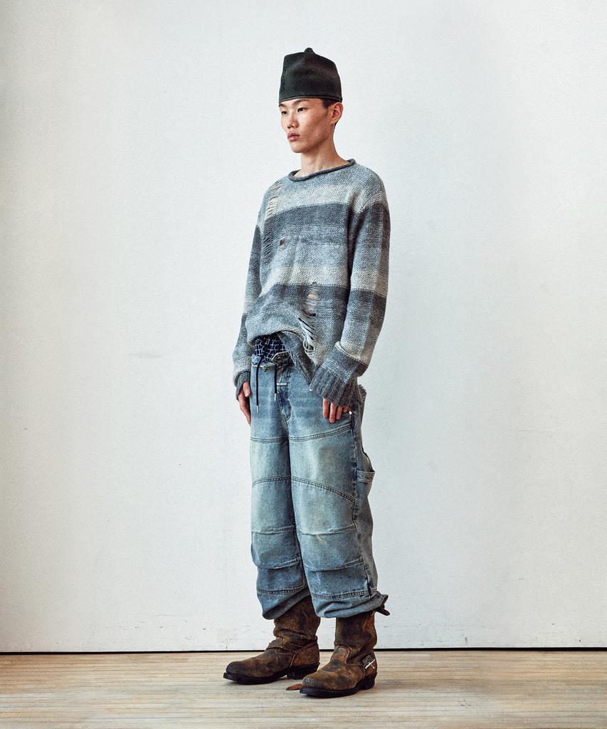 THEVINYLHOUSE Grunge Stripe Sweater Gray