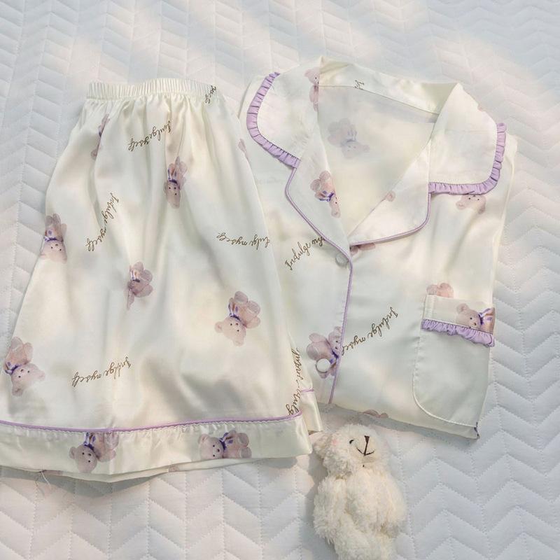 

Cardigan Pajamas Women S Style Cute Bear Short-Sleeved Shorts Can Be Worn Outside Loungewear Suit 2XL