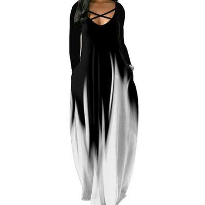 Autumn and Winter Women's Loose Long-sleeved Pocket Print Mid-length One-piece Dress