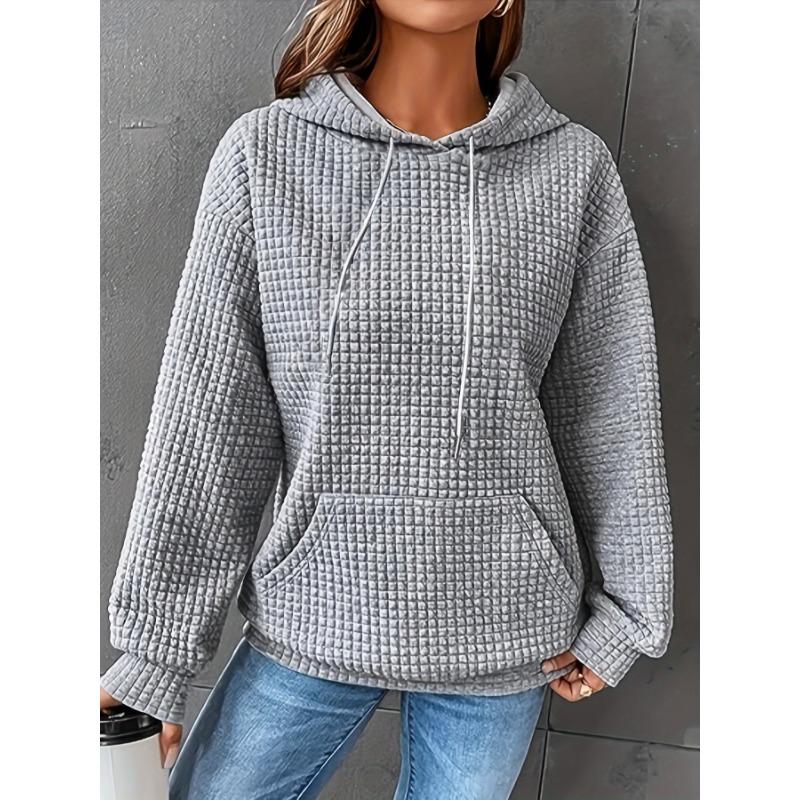 Color Block Waffle Drawstring Hoodie, Casual Long Sleeve Pocket Sweatshirt, Women's Clothing